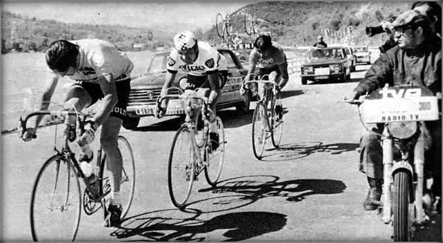 Eddy Merckx leading the small group of cyclistsy the other two riders are Bernard Thévenet and Luis Ocana at the Vuelta a Espana in 1973