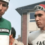 Two great cyclists Felice Gimondi and Eddy Merckx looking into the camera. Gimondi wearing the Italian national champion jersey, while Eddy Merckx is in the rainbow jersey for his World Champion title.