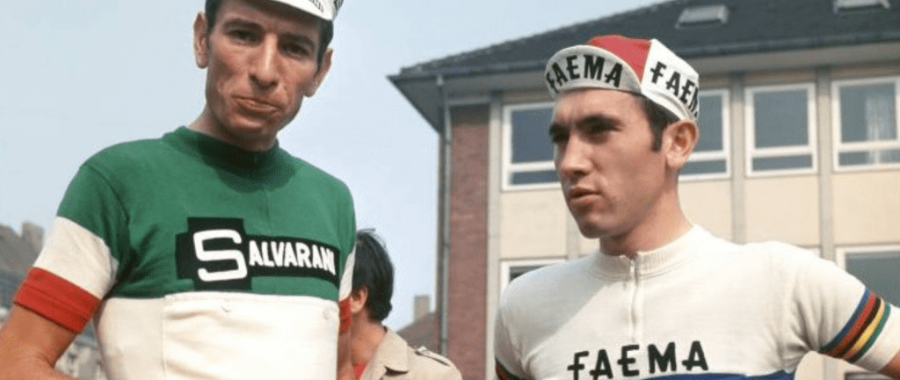 Two great cyclists Felice Gimondi and Eddy Merckx looking into the camera. Gimondi wearing the Italian national champion jersey, while Eddy Merckx is in the rainbow jersey for his World Champion title.