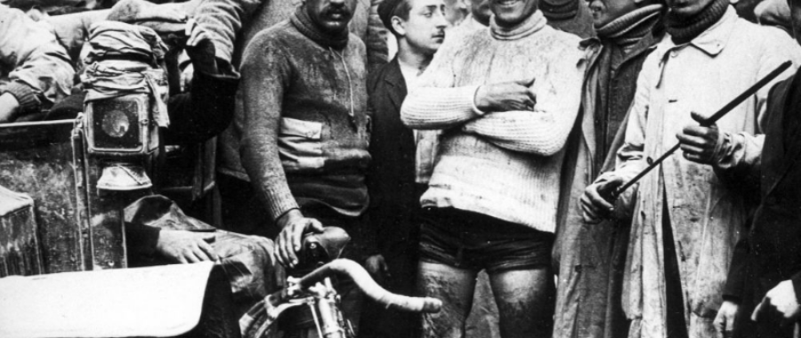 Maurice Garin the winner of the first Tour de France surriunded by other cyclists at Tour de France 1903