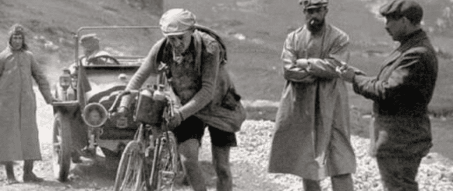 French cyclist Octave Lapize struggling on the ascent of Col du Tourmalet during the Tour de France in 1910