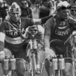 Extract from the famous vintage cycling image when four cyclists smoking cigarettes in 1927