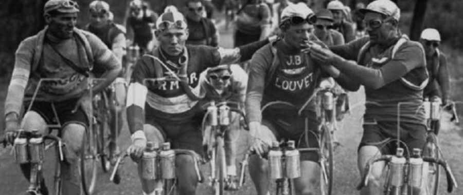 Extract from the famous vintage cycling image when four cyclists smoking cigarettes in 1927