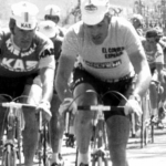 Eddy Merckx riding with a bunch of other cyclists during Vuelta 1973