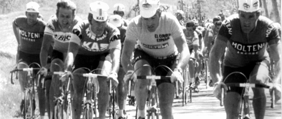 Eddy Merckx riding with a bunch of other cyclists during Vuelta 1973