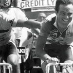 Greg Lemond and Bernard Hinault crossing the finish line in Alpe d'Huez at the Tour de France in 1986