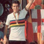 Feluce Gimondi on the top if the podium between Freddy Maertens and Luis Ocana attheWorld Championships in 1973