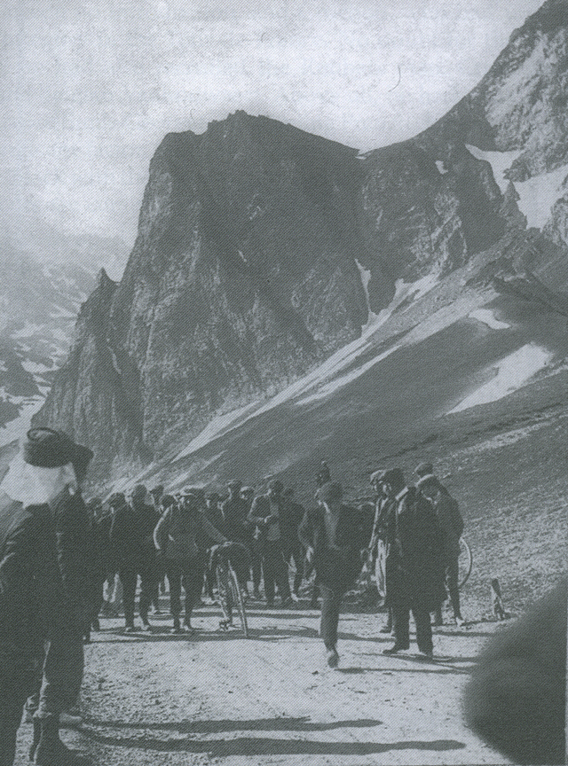 Octave Lapize arriving atthe top of Tourmalet during the very first Pyrenean stage of Tour de France in 1910