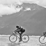 A scenic picture of Gino Bartali and Fausto Coppi riding at Tour de France 1949