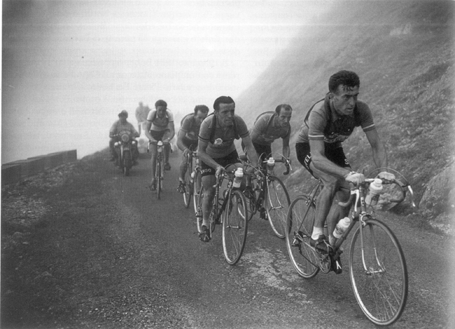 French cycling legend Louison Bobet leading the group of favourites on the Aubisque at the Tour de France in 1954