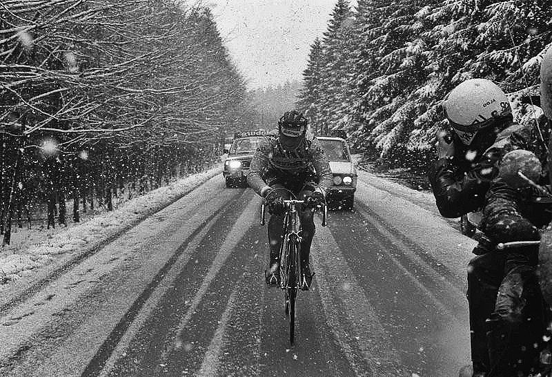 Iconic moment for iconic racing: Bernard Hinault on the snow covered road at Liège-Bastogne-Liège 1980