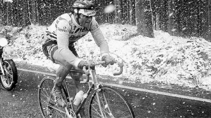 French cycling legend Bernard Hinault covered by snow on 20th April 1980 at Liège-Bastogne-Liège historical one-day race