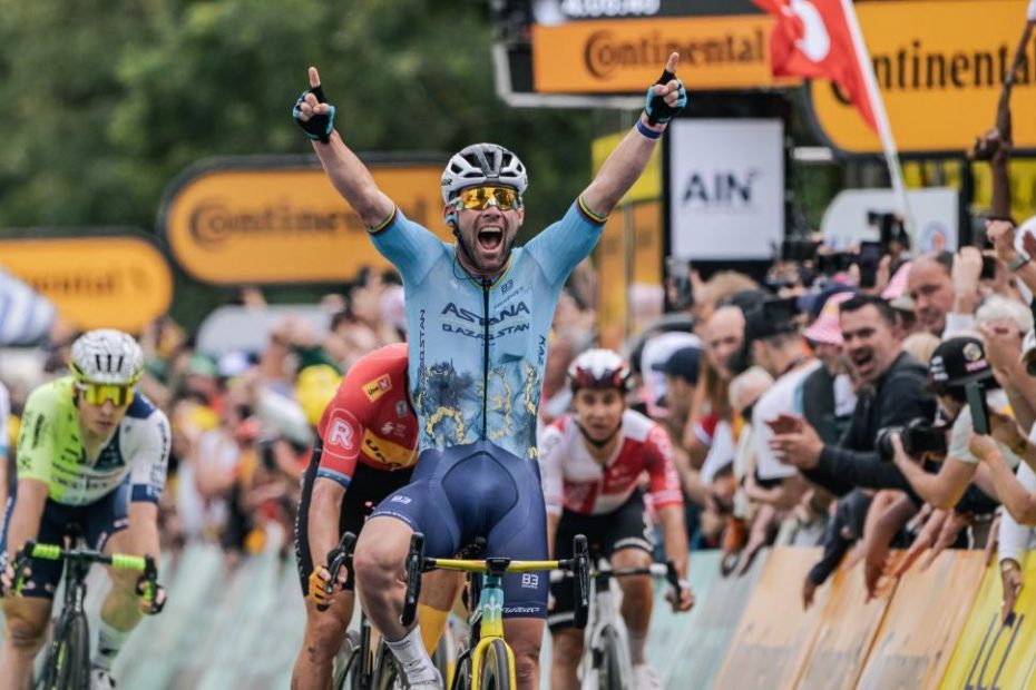 Mark Cavendish celebrating his record 35th stage victory at the Tour de France in 2024