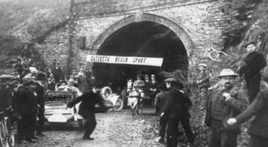 Cyclist riding out from Turchino Pass during the very first Milano-Sanremo in 1907