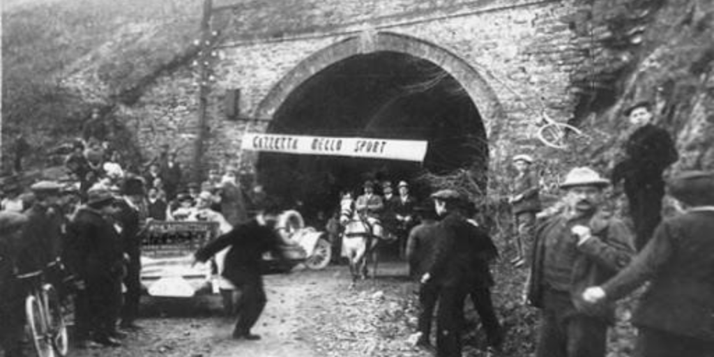 Cyclist riding out from Turchino Pass during the very first Milano-Sanremo in 1907