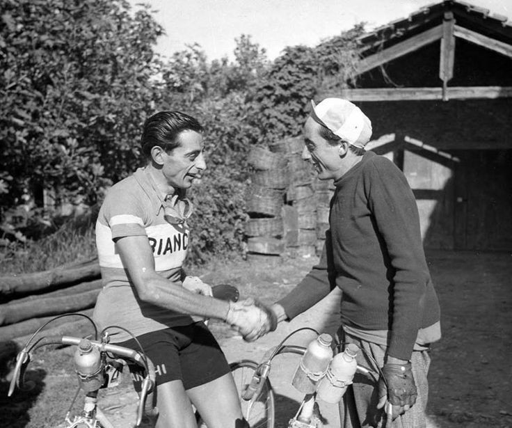 Brotherly handshake between Serse and Fausto Coppi 