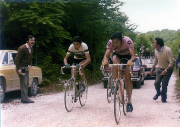 Eddy Merckx in maglia rosa Felice Giimondi in the world champion shirt during Giro d'Italia 1974