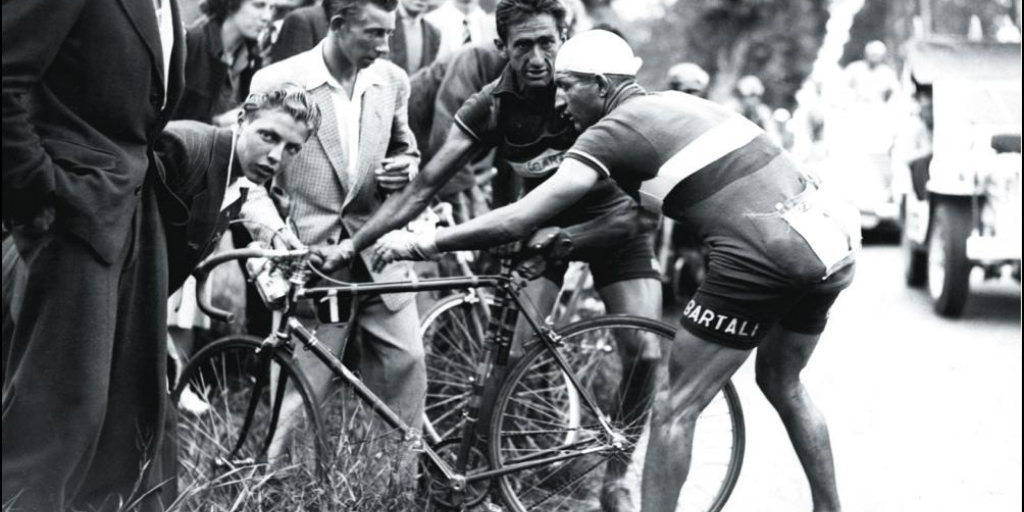 Tense moment during Tour de France 1950 involving Gino Bartali
