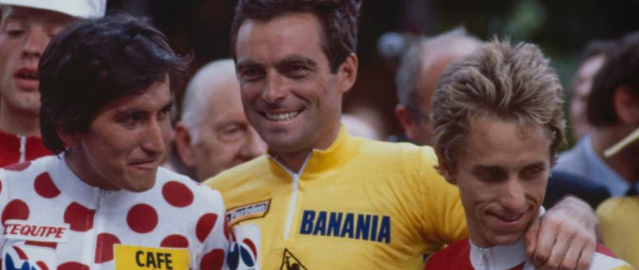 Luis Herrera in the KOM jersey. Bernard Hinault in the yellowmjersey and Greg Lemond are posing during or after Tour de France 1985